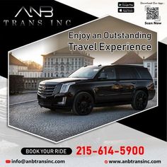 an advertisement for a travel company with a black suv in the middle and white buildings behind it