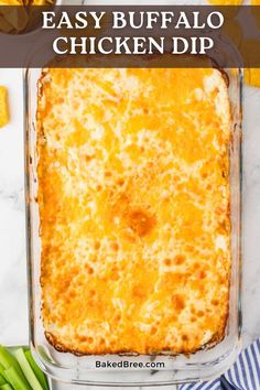 an easy buffalo chicken dip in a casserole dish