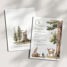 two baby shower cards with deer and trees on them