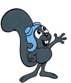 a cartoon squirrel with a blue backpack on his back and arms out to the side