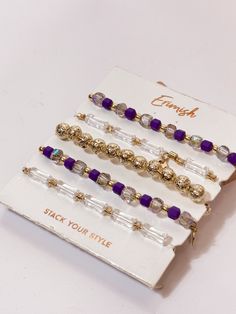 Get ready to show off your team spirit with our Purple & Gold Game Day Arm Candy 5 Piece Bracelet Set! Perfect for Buffalo Bison and LSU fans, this stack will elevate your game day look. As a stylish teacher, this set is a must-have accessory to support your favorite team. Purple And Gold Game Day Outfits, Casual Multicolor Bracelets For Game Day, Trendy Hand-strung Purple Bracelets, Lsu Gameday Outfit Purple Gold, Lsu Bracelet, Capri Blue Candle, Lsu Fans, Bath And Body Shop, Ultimate Gift Guide