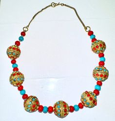 Vitage 80's ladies czeck  glass detail beaded hand crafted collar / necklace pre owned in a very good vintage worn condition in tones og light blue , coral and gold hung from a a fine chain with hook fastening  a lovely summery item, rare  total length  50 cm Blue Coral, Coral And Gold, Lovely Earrings, Porcelain Ceramics, Vintage Wear, Collar Necklace, Czech Glass Beads, Chain Styles, Czech Glass