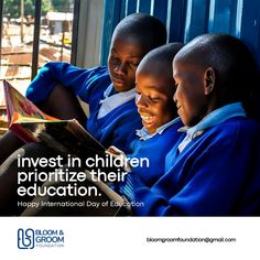 three children are sitting on the floor and looking at an open book with text reading invest in children prioritize their education happy international day of education