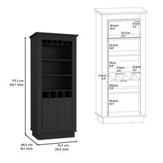 a tall black bookcase next to a drawing of the measurements for each piece of furniture