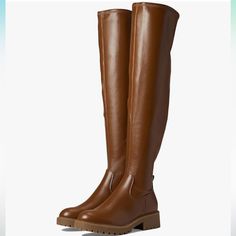 Brand New! Leather Flat Boots For Fall, Flat Brown Boots For Spring, Trendy Flat Leather Boots, Brown Synthetic Boots For Work, Flat Synthetic Boots For Fall, Brown Wide Calf Synthetic Boots, Brown Synthetic Boots With Flat Heel, Brown Synthetic Flat Heel Boots, Trendy Brown Synthetic Boots