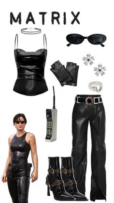 a woman in black leather clothes and accessories with the words'matrix '