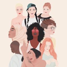 an illustration of women with different facial expressions and hair styles, all looking at the same person's face