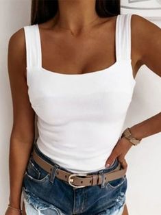 Sexy Skinny Solid Sleeveless Knit Tank | Tops | Zolucky 1 White Women Tank Top Cotton Blends Square Neck Sexy Daily Solid Tank Top | zolucky White Sleeveless Crop Top, Textured Tank Top, Short Tank Top, Slim Fit Top, Casual Vest, Trend Fashion, Tank Top Cami, Knitted Tank Top, Outfit Casual