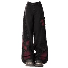 Black with Red Butterfly Jeans - S / Black/red - Jeans 2024 Grunge Outfits, Baggy Jeans Shop, Baggy Gothic Outfits, Black And Red Clothing, Red Black Outfit Ideas, Baggy Grunge Jeans, Emo Fashion Women, Red Grunge Clothes, Diy Black Jeans