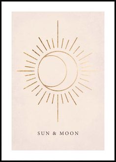 the sun and moon are drawn in gold foil on white paper with black border around it