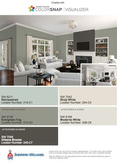 Urbane Bronze for accent wall in master bedroom, laundry room Evergreen Fog, Shoji White, House Paint Interior, Coastal Interiors Design, Living Room Decor Inspiration, Paint Color Schemes, Pallet Painting, House Paint Exterior