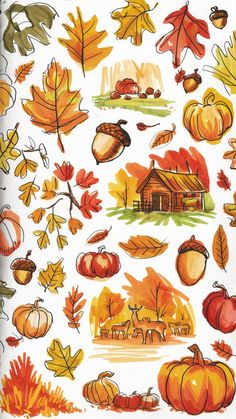 an autumn scene with pumpkins, leaves and acorns on white paper photo