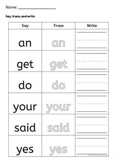 worksheet with words and pictures to practice writing