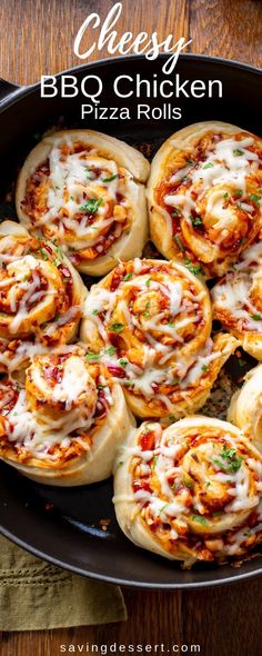 cheesy bbq chicken pizza rolls in a cast iron skillet on a wooden table