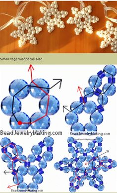 three different types of snowflakes with arrows pointing to them and the words bead jewelry making written below