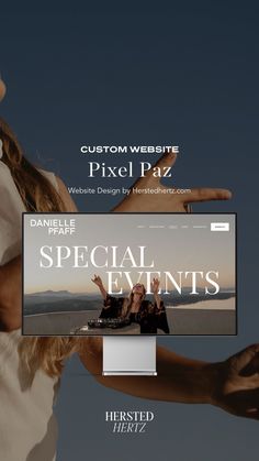 a woman is holding out her hands to show off the new website design for pixell pazz