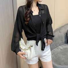 Aesthetic Transparent Korean Shirt Elegant Long Sleeve Shirt For Day Out, Long Sleeve Shirt For Day Out, Oversized Black Top For Office, Oversized Summer Office Tops, Black Long Sleeve Summer Blouse, Casual Black Long Sleeve Blouse, Long Sleeve Blouse For Day Out, Solid Color Long Sleeve Shirt For Day Out, Oversized Solid Color Office Top