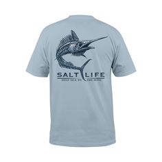 Comfortable style for anglers and other salt water lovers, the Salt Life� Skelebonz Short-Sleeve Pocket T-Shirt for Men offers easy-moving comfort for any saltwater fun. Made of a preshrunk ringspun 100% cotton jersey, this lightweight shirt features a screen-printed wordmark on the left chest above the sewn-in chest pocket. The large Salt Life logo graphic across the back features a large marlin skeleton for an unmistakable look. Classic fit. Crew neck. Machine wash and dry. Imported. Manufactu Blue Short Sleeve T-shirt For Fishing, Life Logo, Comfortable Style, Salt Life, Salt And Water, Pocket Tshirt, Pocket Tee, Good Brands, T Shirt For Men