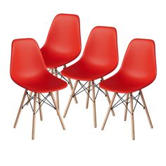 four red plastic chairs with wooden legs on a white background, set of 4 in color