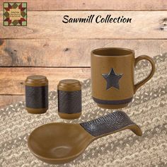 an image of a coffee cup and spoons on a rug with the words sawmill collection