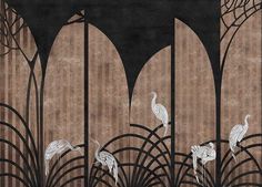 an art deco scene with birds and plants