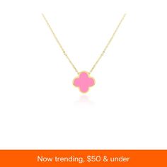 in stock Pink 14k Gold Necklace For Valentine's Day, Pink 14k Gold Pendant Necklace, Clover Necklace, Bubblegum Pink, Bubble Gum, Extra Large, In Store, Pick Up, Buy Online