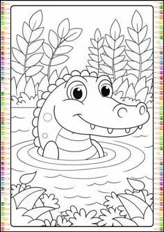 a coloring page with an alligator in the water