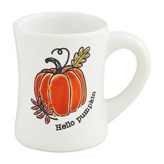 a white coffee mug with an orange pumpkin on the front and hello pumpkin on the back