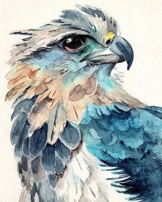 a watercolor painting of a blue and white bird with feathers on it's head