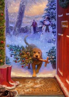 a painting of a dog holding a christmas wreath in front of an open door to a snowy scene