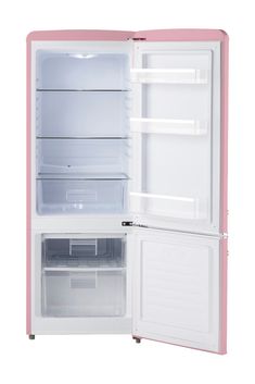 an open pink and white refrigerator with its door open