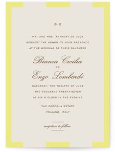 the yellow and white wedding card is shown