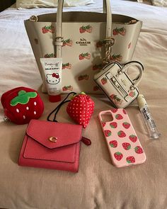 Croquet Aesthetic, Strawberry Products, Strawberry Aesthetic, Inside My Bag, Purse Essentials, Handbag Essentials, What In My Bag