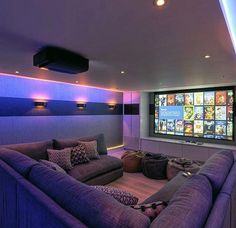 an image of a living room with purple lighting