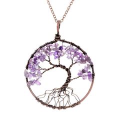 The Tree of Life symbolizes the interconnection of life and the flow of creation. It is depicted as a tree with many branches, and roots, illustrating the idea that all life on earth is related, and interconnected. Vibrant gemstones are lined on each branch of this beautifully hand-crafted pendant, each type carrying its own spiritual value. Harness the powerful healing and meditative properties of these gemstones, with many choices available to suit your vibration for the day. HEALING PROPERTIE February Gemstone, Chakra Tree, Amethyst Rock, Copper Crystal, Crystal Amethyst, Natural Stone Necklace, Chakra Pendant, Turquoise Crystal, Les Chakras