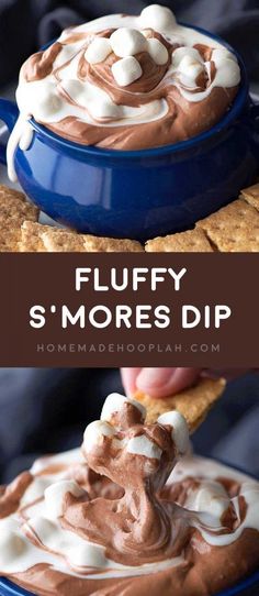 a person dipping marshmallows on top of s'mores dip in a blue bowl