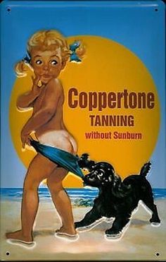 an advertisement for coppertone tanning with a child and dog playing on the beach