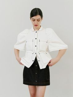 Composition : Cotton 100%Country of Origin : KOREA Fitted White Outerwear With Patch Pockets, Chic Fitted Outerwear With Patch Pockets, Modern Fitted Short Sleeve Outerwear, Modern Spring Utility Jacket For Workwear, Modern Spring Tops With Pockets, Utility Fitted Tops For Workwear, Fitted Tops With Patch Pockets For Fall, Fitted Fall Tops With Patch Pockets, Spring Fitted Denim Jacket With Patch Pockets