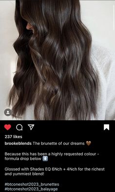 Smoky Chocolate Hair Color, Brunette Gloss Formula, Brunette Hair Formulas Chocolate Brown, Brunette Hair With Mushroom Highlights, Ash Brown Redken Formula, Redken Shades Brunette Formulas, Dark Brown Redken Shades Eq, Brown Hair Colors Formula, Brunette Mushroom Hair