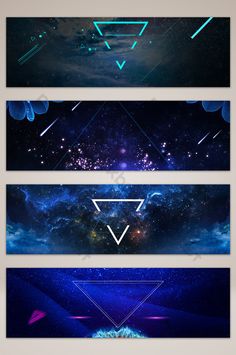 three abstract banners with space and stars in the background, one is blue and the other is green