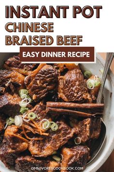 instant pot chinese braised beef recipe in a bowl with chopsticks on the side