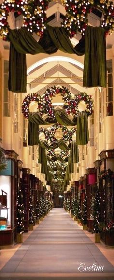 the hallway is decorated for christmas with garlands and lights