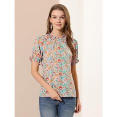 Crafted with soft and stretchy material, and printed with cute ditsy floral patterns, this chiffon top is perfect for ladies, teens, and girls. This pretty floral blouse has a relaxed-fit silhouette and flounces at the front, which highlights your charm. A ruffled frill neck and ruffle short sleeves with elastic cuffs would give an elegant and fashionable style. Perfectly paired with any pants or jeans for a casual look. Ruffle Top Blouses, Three Quarter Sleeve Blouses, Mock Neck Blouse, Ruffle Shorts, Hem Style, Woven Top, Chic Woman, Ditsy Floral, Linen Women