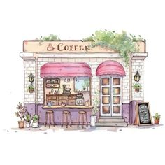 the coffee shop is painted in watercolor