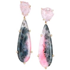 One-of-a-kind dangle earrings of rough pink morganites and cabochon pink opal drops with natural black matrix, accented by white diamonds. Handcrafted in 18 karat yellow gold. These stunning pink and black earrings make a glamorous statement when worn. The unique matrix of the pink opals gives it a sophisticated flair and the natural rough morganites lend an organic feel to these beauties. Perfectly pretty worn for cocktails or for a day out on the town. Lux Jewelry, Pink Opal Earrings, Rose Gold Drop Earrings, Opal Drop Earrings, Earrings Model, Luxe Jewelry, Turkish Jewelry, Opal White, Sparkling Diamond