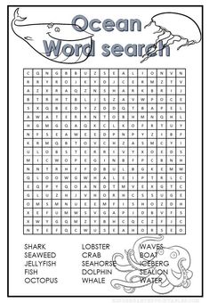 the ocean word search is shown in this printable worksheet to help kids learn how