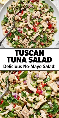 Tuscan tuna salad (no-mayo) Miranda Lambert Tuna Salad Recipe, Tuna Healthy Salad, Mediterranean Diet Tuna Salad Recipe, Tuscan Tuna And White Bean Salad, Tuna Salads For Dinner, Tuna With Salad, Tuna And Beans, Tuna Salad Wrap Recipe