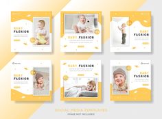 social media post templates for baby fashion with yellow and white colors on the background