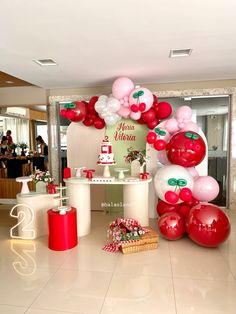 Festa tema cerejinha, decoracao cereja, cereja de baloes Cherry Decorations Party Ideas, Cherry Birthday Theme, Cherry Party Theme, Cherry First Birthday Party, Cherry Party Decorations, Cherry Themed Party, Cherry Birthday Party Theme, Cherry Theme