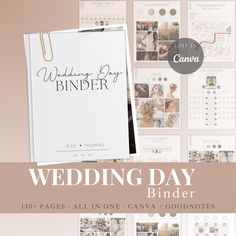 the wedding day binder is shown with photos and text on it, along with other items